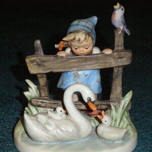 Goebel Hummel Figurine #344 "Feathered Friends" TMK5 - Little Girl With Swans!